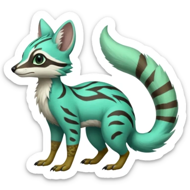 Feral Rare Fantasy minty-cyan pastel-seafoam-green Hunter-forest-green  Vernid-Gremz-Numbat-Sergal-Genet-Trico-species by LiLaiRa, random markings, tufted tail, tufted ears, full body sticker