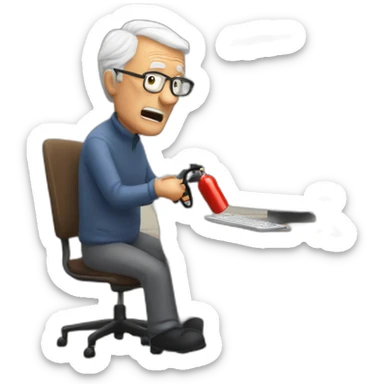 elderly man pointing fire extinguisher at a computer in fear sticker
