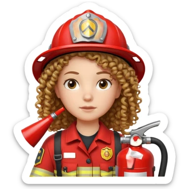 Firefighter girl curly hair with red uniform fire extinguisher sticker