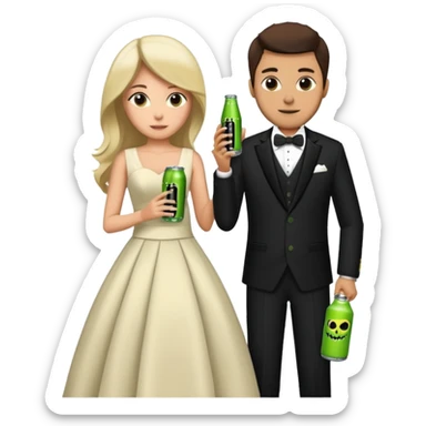 husband and wife at wedding holding monster energy drinks sticker