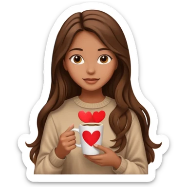 Un emoji de una chica con el pelo castaño y largo y suelto así como vestida como una that Girl y un café con dibujo de corazón y una cama aesthetic modo vida perfecta sticker