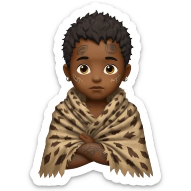 ancient hairy black baby tatooed boy, tattered animal skin shawl sticker