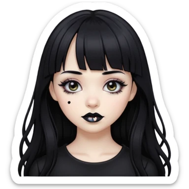 Gothic gir, black hair with bangs, slightly wavy, very long hair,long eyelashes, black eyes. sticker