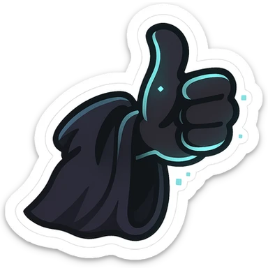 A shadowy hand emerging from a dark, mysterious cloak sleeve giving a thumbs up gesture. The hand is semi-gloved or ghost-like, with slight glowing accents or glitch particles. Stylized in chibi form, high contrast, bold lines, emoji-sized, transparent background, designed for use as a YouTube membership emoji. sticker