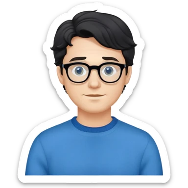 Caucasian male with wavy black hair wearing eyeglasses and a blue long sleeve pullover sweater sticker