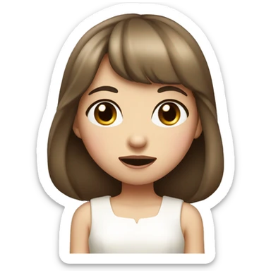 Girl with fair skin and long brown hair with bangs, pink eyes, wearing a pretty white dress, biting her lip. sticker