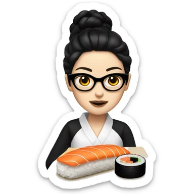 A white girl with black round glasses and shoulder straight black hair eating sushi sticker