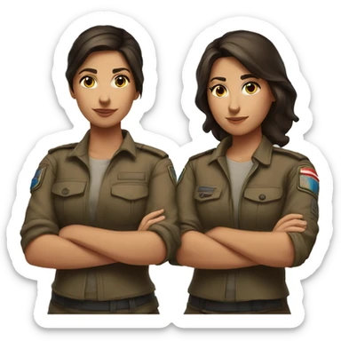 Brunette sisters standing back to back with arms crossed ready for combat sticker