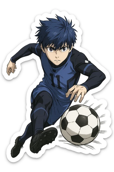 Yoichi Isagi from Blue Lock, anime style, blue hair, action shot kicking a soccer ball, intense eyes, no background sticker