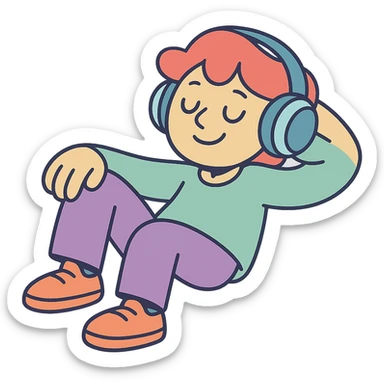 lofi music-inspired character with headphones, relaxed pose, pastel toon style sticker