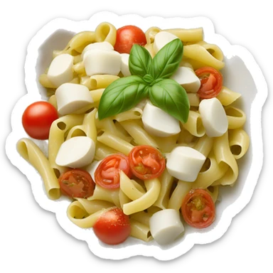 Maak een afbeelding van een bakje pasta pesto met tomaatjes, mozarella en kip sticker