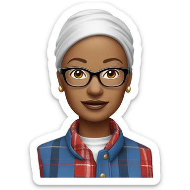 A bald aquiline nosed woman age 55, with protruding blue eyes that are crossed outward, wearing square plastic eyeglasses, a trucker cap, small hoop earrings, a plaid men's tuxedo with blue plaid overcoat red bowtie, red waistcoat and black pants sticker