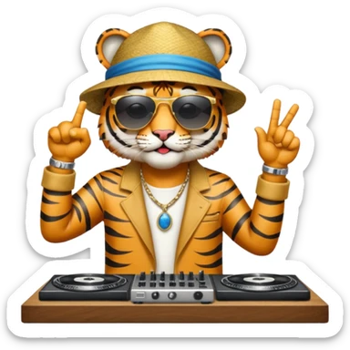Un tigre con sombrero estilo cubano, una mesa de dj y gafas de sol. Una mano en la mesa de dj y la otra mano señalando al cielo a Dios. La otra mano encima de la mesa de dj por favor  sticker