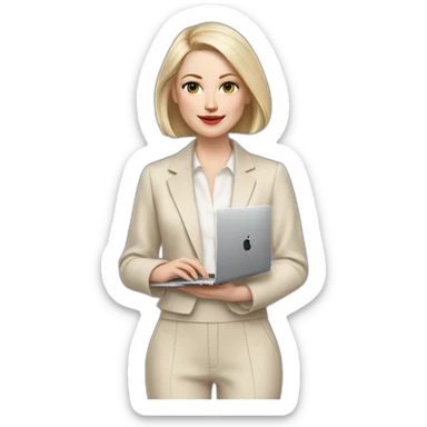 pale skin woman with ash blonde Straightened bob Hair, White Spacious classical jacket, beige palazzo Arrow pants and gray blouse holding a MacBook in the hands sticker