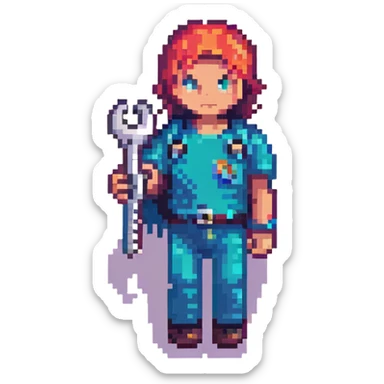 Rounded rectangle badge with pixel art person holding car wrench key, technical colorful IT design sticker