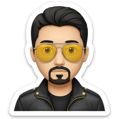 A man with middle part haircut black hair sunglasses with yellowish glasses And black jacket. Goatee short black beard sticker
