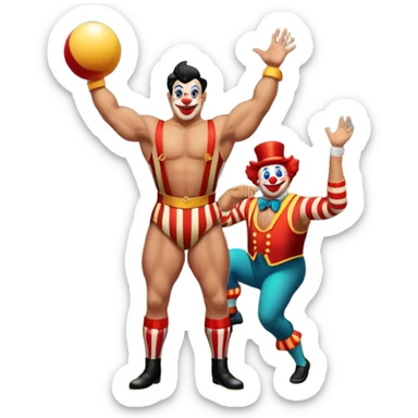 Icon for Circus Arts: a grand vibrant round circus arena with a strongman in a striped costume,  juggler and a clown performing. The icon should convey the excitement and fun of circus performances, with focus on the performers and the colorful setting. Transparent background. sticker