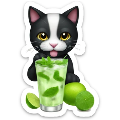 A cute black cat, whith a white nose,  dinking a "mojito" whith a glass sticker