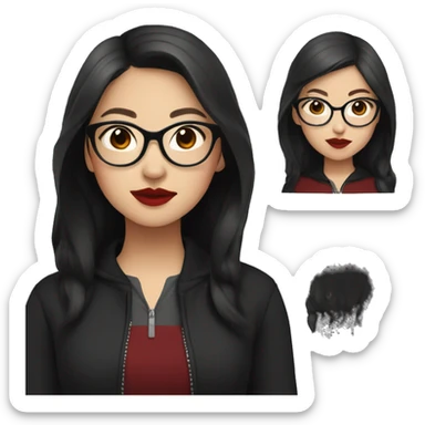 Asian girl in glasses and dark zip up sweater with dark long hair and red lipstick  sticker