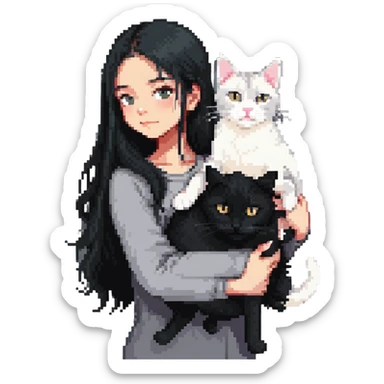 Beautiful girl with long black hair hugs a gray and blond mixed breed cat sticker