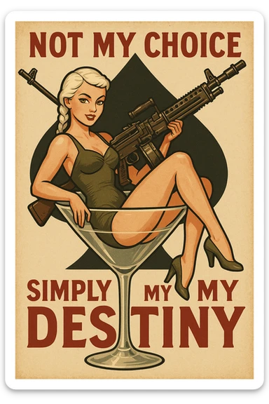 a retro military pinup " not my choice, simply my destiny "
; female figure young,gorgeous, white hair 1 braid, gold yellow eyes, sitting in a martini glass with a massive LMG in a swimsuit in front of a large 'spade' that frames the design sticker