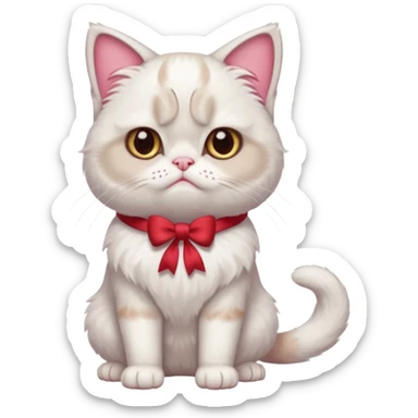 A White grumpy cat with light pink ears and paws and with a bow around its neck. The cat shall be standing on two legs sticker