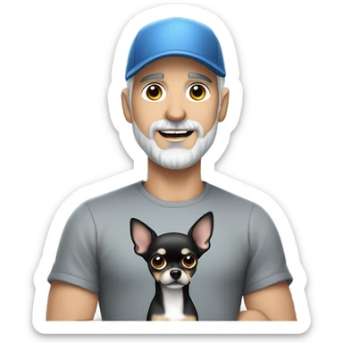 Handsome blue eyed man, with grey hair,  and grey goatee beard, wearing ball cap, holding a black long hair chihuahua  sticker