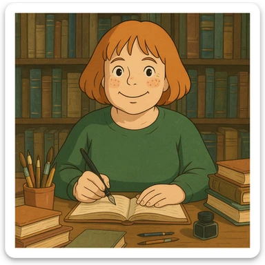 light-skinned female author in her forties, strawberry blonde hair in a page cut, round face, freckles, smiling, surrounded by books and art supplies sticker