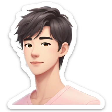 Gorgeous bright sparkly romantic Asian pastel anime guy with blushing face and flowers aesthetic trending style outside sticker
