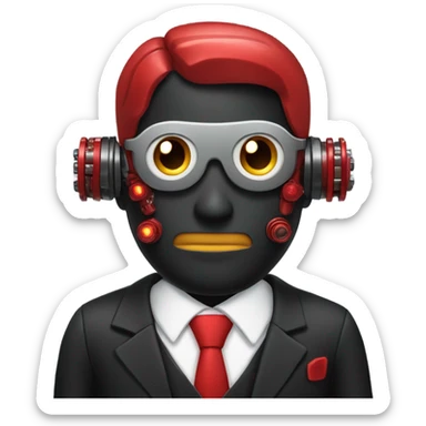 Business man wearing a black suit and red cyborg parts sticker