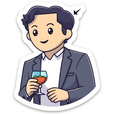 Management educator with black wavy hair, stubble, strong features, white skin, smart casual attire, mingling at a business networking reception, engaged in dynamic conversation with other professionals, cocktail event setting sticker