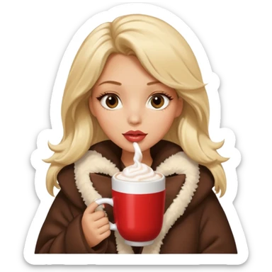 Tanned Girl with lashes , blonde hair, in an extremely big fluffy oversized coat and hold hot chocolate drink and vertically short eyes , big lip sticker