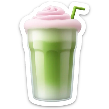 Clear long cup, no handle, with light pink drink, matcha foam sticker