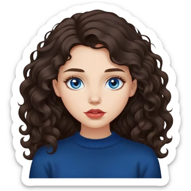 girl with long, lush, slightly curly dark brown hair, big lips and blue eyes, black sweater sticker
