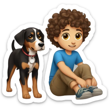 Russian Boy with curly brown hair with dog Entlebucher zennenhund sticker