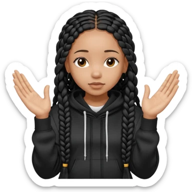 African American girl light skin with long black box braids and plain black hoodie with prayer hands sticker