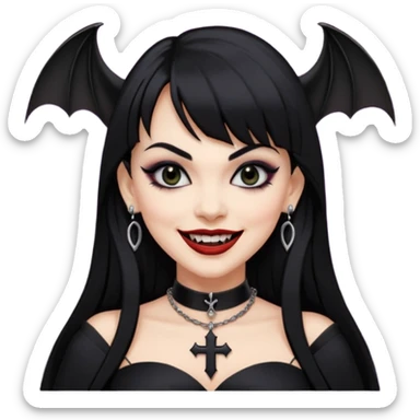 vampira com cabelo preto longo e liso e franja, olhos pretos, brincos em formato de cruz, choker em formato de morcego, roupa preta com decote, batom preto e sorrindo mostrando as presas sticker