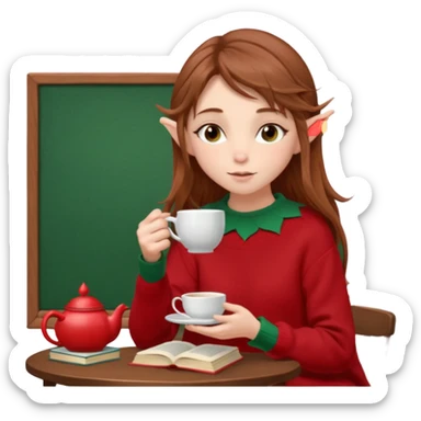 A delicate, elf-like girl with windswept chestnut hair, wearing an oversized sweater in signature black and red. sipping tea with a stack of books beside her sticker