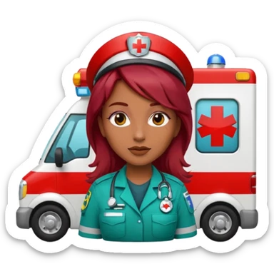 medium brown skin tone woman emoji with red burgundy hair in a paramedic costume with an ambulance in the background sticker