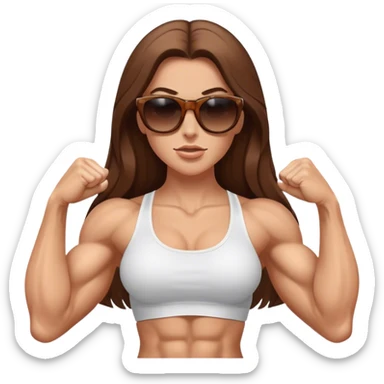 long brown hair white girl super muscular posing with biceps muscles showing and wearing sunglasses sticker