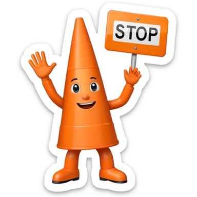 orange traffic cone with three legs dancing with sign in his hand saying “stop ai” sticker