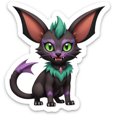 Black edgy Noivern-Noibat-Purloin-Torracat-Lykoi-Caracal-cat-Fakemon-fusion-hybrid-creature with bat wings on head as ears, big fangs, gothic markings sticker