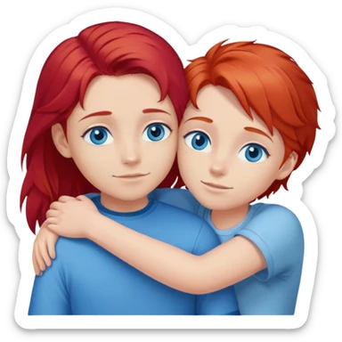 Создай стикер, где пара. Девушка с рыжими волосами, синими глазами, а парень со светлыми волосами, и синими глазами, обнимаются sticker
