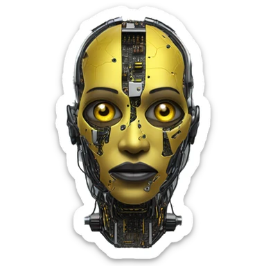 black and yellow cyborg head with circuitry, one artificial eyeball, and yellow goatee sticker