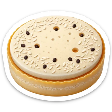 single round rice cake with light puffed texture, pale off-white color, speckled with tiny grains and air pockets, slightly uneven matte surface, crisp edges, delicate crunchy appearance, no packaging, no toppings, no extras, soft lighting, subtle shadows, emoji scale sticker
