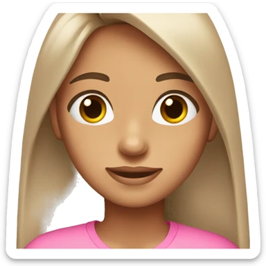 A girl with long brown hair, fair skin, brown eyes, wearing a pink T-shirt, with beautiful eyelashes sticker