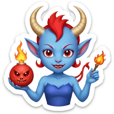 Female devil Cute blue imp holding fireball,  cute face, half body sticker