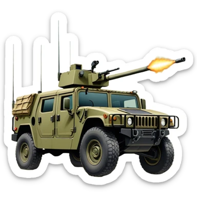 Humvee (2005) – Cinematic-realistic Humvee, its rugged olive-green frame bouncing over rough desert terrain. Soldiers grip their weapons tightly as the turret gunner scans the horizon, dust kicking up behind the armored vehicle under the blazing midday sun, with distant radio chatter crackling through the air. sticker