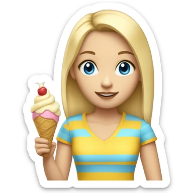 Girl with blonde hair, blue eyes, yellow striped shirt, holding vanilla ice cream cone sticker
