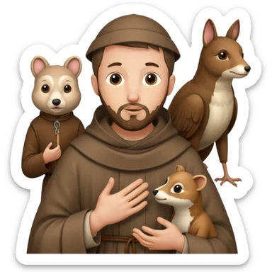 Saint Francis of Assisi cartoon modern type with animal to be used as an AI crfreation in HeyGen.com, please create a winter background sticker